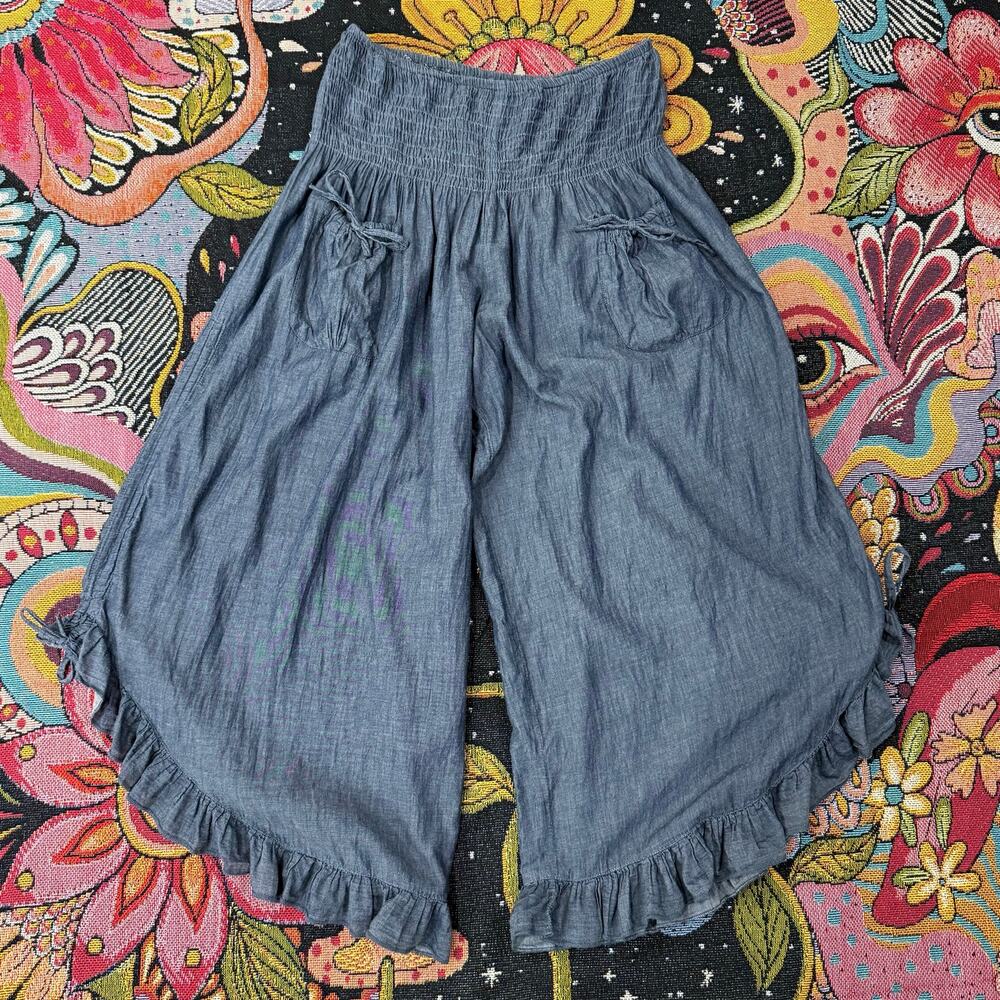 Smocked Waist Ruffle Wide Leg Crop Oversized Pants Hippie Boho Fairy Grunge OS
